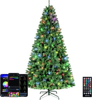 Brightown Smart Prelit Christmas Tree - 7.5ft APP Controlled RGB Pre Lit Christmas Tree Lighted Pre-lit Artificial Trees- with 400LED 1477 Branch Tips Customize Display DIY Dynamic Lighting Effect