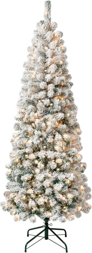National Tree Company 6 ft Pre-Lit Flocked Acacia Slim Artificial Christmas Tree, 250 Clear Lights, 512 Tips, Includes Stand, Green