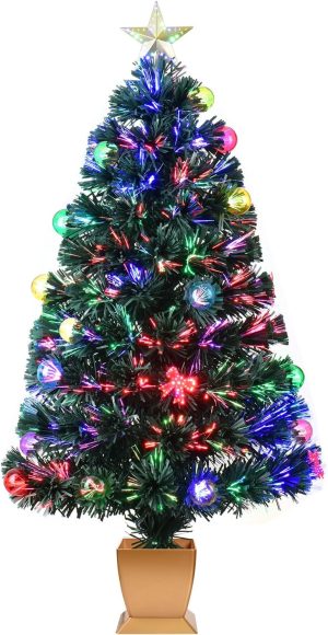 3ft Green Fiber Optic Christmas Tree,Prelit Artificial Tabletop mini Christmas Tree,Star,Butterfly and Ball Ornaments for Best Holiday Home Decorations