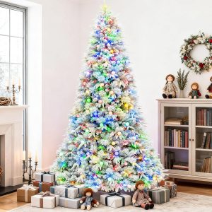 Hykolity 7.5 ft Prelit Flocked Christmas Tree, 450 Multicolor LED Lights, Artificial Christmas Pine Tree with Red Berries, 1608 PE&PVC Branch Tips, Metal Stand and Hinged Branches, 10 Modes