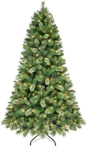 Puleo International 7.5ft Pre-Lit Teton Pine Christmas Tree with 600 Clear Lights, 1347 Realistic Dense Branch Tips, Easy Setup Artificial Trees with Sturdy Metal Stand