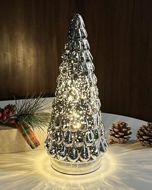 SHMILMH Silver Mercury Glass Christmas Tree, Small Tabletop Christmas Tree with Light, Battery Operated Mini Xmas Tree for Fireplace Bathroom Decor 10, Set of 2