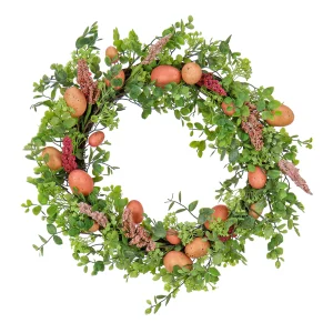 22 in. Easter Wreath Decorated with Pink Pastel Eggs, Pink Flowers, Leafy Greens