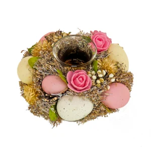 7 in. Easter Candleholder Table Decoration Decorated with Pastel Eggs and Flower Blooms