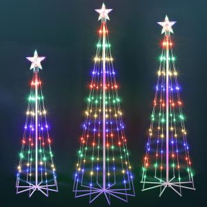 3 Pack LED Animated Christmas Tree, 4' 5' 6' Multicolor Lightshow Lighted Cone Wire Tree With Topper Star, Indoor Outdoor Decorations for Yard Patio