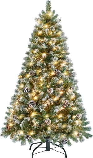 Yaheetech 7.5ft Pre-lit Christmas Tree, Snow Flocked Artificial Christmas Tree with 82 Snow Pinecones & 1346 PVC Branch Tips & 500 Warm White Lights, White & Green