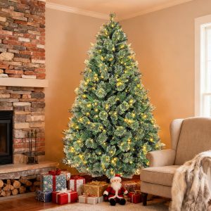 Hykolity 6 ft Prelit Christmas Tree, Artificial Christmas Tree with 250 Warm White Lights, 1032 Tips, Metal Stand and Hinged Branches