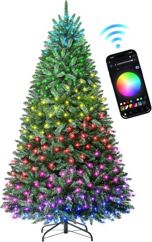 HOLLO STAR 6 ft Prelit Christmas Tree with 270 LED Lights, App Control, Artificial Christmas Tree with Multi-Color RGBW Lights, 1072 Branch Tips, Metal Base, Easy to Assemble, for Home, Party