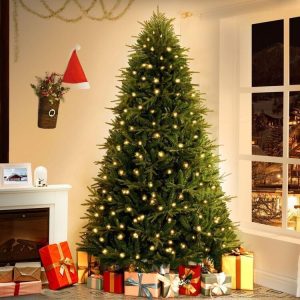 Vancouver 7.5ft Frosted Prelit Artificial Christmas Tree with Pine Cones,Faux Berries, Foot Pedal, 1346 Branch Tips,550 Warm Lights & Metal Stand, 53 Wide Realistic Decorated Spruce Christmas Tree