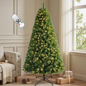 7.5 FT Pre-lit Christmas Tree Spruce with Remote Control, 350 Warm White Multi-Color Changing LED Lights, Artificial Hinged/Feel Real/Realistic for Home, Holiday Decoration Dual Color LED