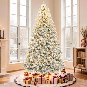 Hykolity 7.5ft Pre-lit Flocked Christmas Tree with 450 Multi-Color RGB Lights,1446 PVC Branch Tips, 15 Mode Artificial Hinged Christmas Tree with 450 Multi-Color RGB Lights for Home