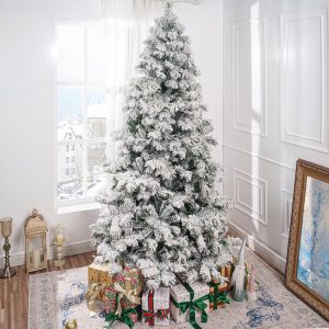 Naomi Home 7.5ft Snow Flocked Christmas Tree with Lights, Realistic Frosted Christmas Tree Prelit with 892 Branch Tips, 550 Warm Lights and Metal Stand, Aritificial Xmas Tree