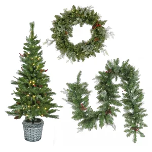 Pre-Lit Buzzard Pine Assortment Set of 1 Entrance Tree, 1 Wreath, 1 Garland, Plug-In
