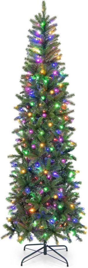 Goplus 6ft Pre-Lit Pencil Christmas Tree, Hinged Artificial Slim Tree with 648 PVC PE Branch Tips, 270 LED Lights, Life-Like Xmas Tree for Indoor Home Office Decor, Easy Setup