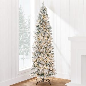 Best Choice Products Flocked Pencil Christmas Tree, Pre-Lit Slim Artificial Holiday Decoration, 6ft Lighted Skinny w/Base, Warm White Lights