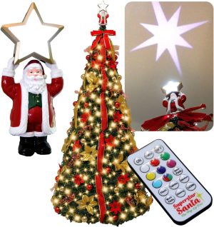 Superstar Santa Pop-Up Signature Series Christmas Tree, 7FT, Pre-Lit w/300 LED Lights, AS SEEN ON TV, Santa Topper Projects North Star, Opens Instantly, Fully Decorated, 7 Colors, 32 Modes w/Remote