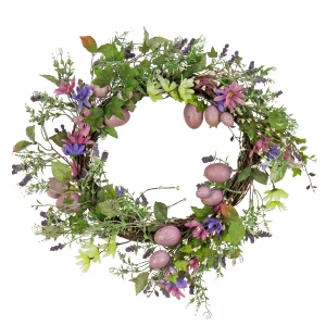 22 in. Easter Wreath Decorated with Purple Pastel Eggs, Pink Flowers, Leafy Greens
