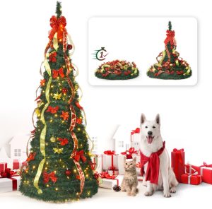 CAPHAUS 6FT Pop Up Christmas Tree with 300 LED Lights, Pre-Lit Foldable Artificial Tree, Pre-Decorated with Red & Golden Ribbon, Collapsible for Indoor Home Office Party Holiday Decoration