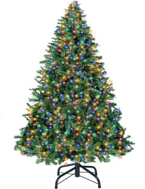 ININ 7FT Prelit Christmas Spruce Artificial Tree with Led Lights, Lighted Christmas Tree,Hinged Full Xmas Tree for Home Party Decoration,500 LED Lights,1592 Branch Tips, Metal Hinges & Foldable Base.