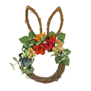 17 in. Easter Bunny Shaped Hanging Wreath Decorated with Colorful Flower Blooms, Berry Clusters, Leafy Greens