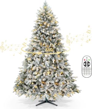 Chogglevue 7.5ft 360° Rotating Pre-Lit Snow Flocked Christmas Tree, Built-in Music, Remote Control, 8 Light-Modes, White Christmas Tree for Home Decor