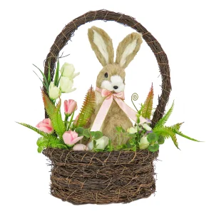 17 in. Easter Bunny Sitting in Basket of Flowers Table Decoration