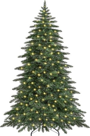 Yaheetech 7.5ft Pre-Lit Christmas Fir Tree with 550 Warm LED Lights & 1278 PVC Tips,Hinged Holiday Decorative Tree with Foldable Stand & Protective Foot Caps,Green