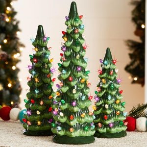 Best Choice Products Set of 3 XL Ceramic Christmas Trees, Pre-Lit Hand-Painted Tabletop Holiday Décor w/Multicolor Bulbs, LED Lights – Green