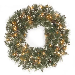 24 in. Glittery Bristle Pine Wreath with Clear Lights, Plug-In