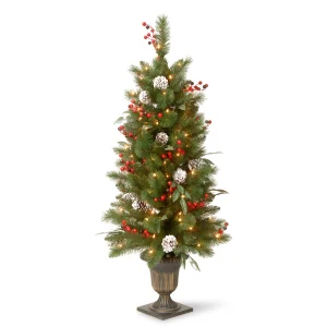 4 ft. Pre-Lit Frosted Pine Berry Tree with Clear Lights, Plug-In
