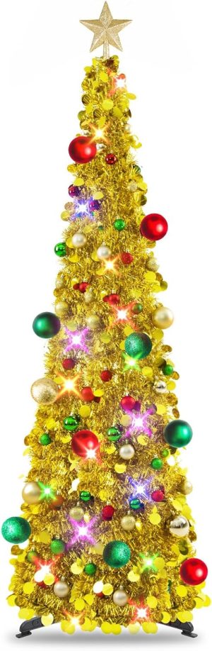N&T NIETING Pop Up Christmas Tree with Lights & 30 Balls, 5Ft Collapsible Green Tinsel Christmas Tree Decoration for Holiday Xmas Home Office Decor