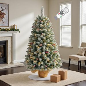 7.5 FT Pre-lit Snow Flocked Christmas Tree Spruce with Remote Control, 450 Warm White Multi-Color Changing LED Lights, Artificial Hinged/Feel Real/Realistic for Home, Dual Color LED