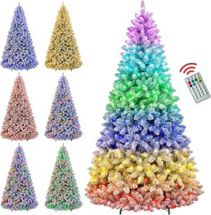 Hykolity 7.5 ft Prelit Snow Flocked Christmas Tree with Remote Control, 1446 PVC Branch Tips Artificial Hinged Christmas Tree with 450 Multi-Color RGB Lights for Home, 15 Modes