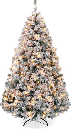 Best Choice Products Pre-Lit Artificial Christmas Tree, 4.5ft Snow Flocked Design Pine Tree, Full Appearance Snowy w/Easy Assembly, Metal Stand