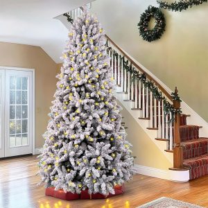 7.5 ft Flocked Christmas Tree Prelit, Include Premium Stand & Storage Bag, 798 Warm & Multi-Color Automatic Lights, 3-Minute Quick Power Connect, 1869 PVC Branch Tips for Indoor Holiday Decorating