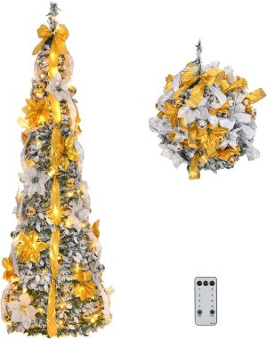 VINGLI 6ft Pre lit Pop Up Christmas Tree with Lights, Pre-Decorated Artificial Pencil Xmas Tree Collapsible Christmas Tree Holiday Party Decorations (Red&Gold)