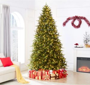 Naomi Home 9ft Slim Christmas Tree with Lights Realistic Skinny Pencil Christmas Tree Prelit with 1455 Branch Tips 500 Warm Lights and Metal Stand Aritificial Tree +ürbol De Navidad