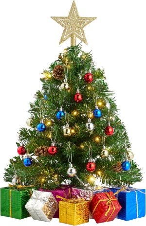 JOIEDOMI 24/2FT Small Tabletop Christmas Tree with Lights with Star Treetop and Hanging Ornaments, Pre-lit Artificial Christmas Green LED Mini Tabletop Tree for Xmas Decorations Indoor Outdoor