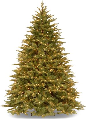 National Tree Company Pre-Lit 'Feel Real' Artificial Full Christmas Tree, Green, Nordic Spruce, White Lights, Includes Stand, 7.5 feet