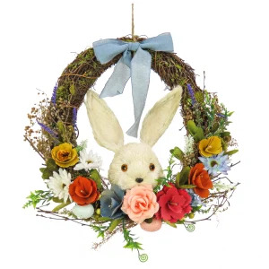 16 in. Easter Wreath Decorated with Multicolor Flower Blooms, Leafy Greens, Bunny Head