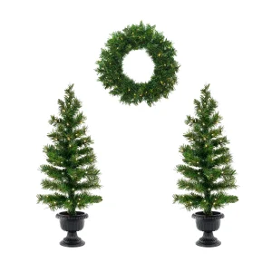 Pre-Lit Warm Welcome Assortment Set of 2 Entrance Trees, 1 Wreath, Plug-In