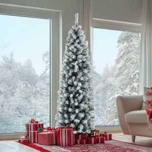 OasisCraft 7.5 Foot Prelit Snow Flocked Artificial Pencil Christmas Tree with 350 Clear Lights, Hinged Snowy Slim Xmas Tree Outdoor for Festive Holiday Decor