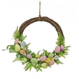 16 in. Easter Wreath Decorated with Pastel Eggs, Fern Fronds, Flower Blooms
