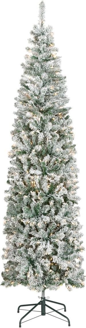 National Tree Company 7.5 ft Pre-Lit Flocked Acacia Slim Artificial Christmas Tree, 350 Clear Lights, 641 Tips, Includes Stand, Green