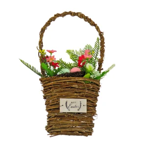 15 in. Easter Woven Basket Decorated with Colorful Flower Blooms and Leafy Greens