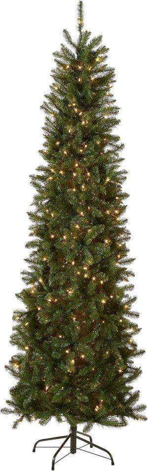 National Tree Company 7.5 ft Pre-Lit Kingswood Fir Slim Artificial Christmas Tree, 350 Clear Lights, 1,075 Tips, Includes Stand, Green