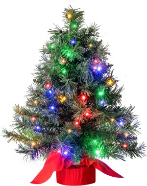 JOIEDOMI 24/2FT Small Tabletop Christmas Tree with Multi-Color LED Lights, Table Top Christmas Decorations Pre-lit Artificial, Green Mini Lighted Tree for Xmas Decorations Indoor Party Décor