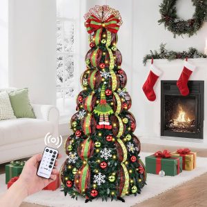 MARTINE MALL 6FT Pre-Lit Pre-Decorated Pop Up Christmas Tree with 200 Lights & Remote, Artificial Collapsible Foldable Christmas Tree with Poinsettia Ribbon Bow for Home Indoor Outdoor Party