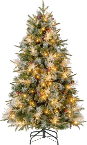 Goplus 6ft Pre-Lit Slim Pencil Christmas Tree, Artificial Skinny Xmas Tree with 618 Snowy Branch Tips, 280 Warm White LED Lights, Pine Cones, Red Berries, Metal Stand, Home Office Holiday Decoration