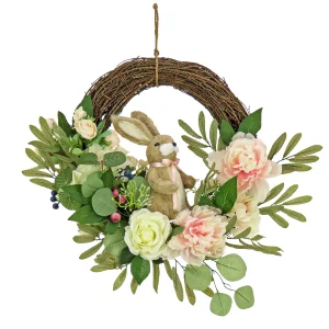 18 in. Easter Wreath Decorated with Pastel Flower Blooms, Bunny, Leafy Greens